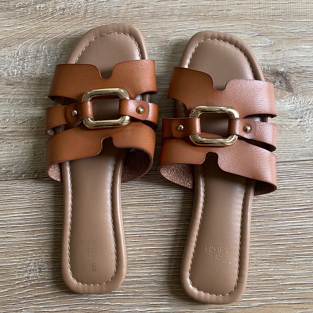 Time and Tru Brown Sandals with Gold Buckle